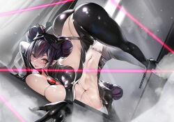 1girl :p ass black_bodysuit blush bodysuit breasts curvy double_bun flexible full_body goddess_of_victory:_nikke hair_bun high_heels highres huge_ass large_breasts looking_at_viewer mask mask_on_head multicolored_hair navel official_alternate_costume purple_eyes purple_hair quency_(escape_queen)_(nikke) quency_(nikke) reflection shiny_clothes shiny_skin smile solo stomach streaked_hair teddypocky thighs tongue tongue_out top-down_bottom-up wide_hips