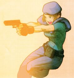 1girl aiming angry armor belt bengus beret black_belt black_boots black_gloves blue_eyes blue_pants blue_shirt boots bracer breasts brown_hair buckle capcom combat_boots emblem facing_to_the_side fingerless_gloves full_body game_cg gloves gun handgun hat highres holding holding_gun holding_weapon jill_valentine leg_up loose_belt marvel_vs._capcom marvel_vs._capcom_2 medium_breasts multiple_belts non-web_source official_art open_mouth pants parted_lips police police_uniform policewoman pouch resident_evil resident_evil_1 scan shirt short_hair short_sleeves shoulder_pads sidelighting simple_background solo standing star_(symbol) sweatdrop teeth traditional_media weapon