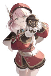 Rule 34 | 1girl, absurdres, bare shoulders, bow, newsboy cap, camera, charlotte (genshin impact), commentary request, cross-laced clothes, cross-laced sleeves, detached sleeves, genshin impact, gloves, gold trim, haru same322, hat, highres, holding, holding camera, lace-up sleeves, long sleeves, monocle, pink hair, puffy detached sleeves, puffy sleeves, red headwear, red sleeves, white gloves