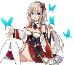 1girl :d absurdres alternate_costume aqua_butterfly blue_eyes breasts cleavage detached_sleeves dress grimms_notes highres long_hair medium_breasts open_mouth ponytail red_dress red_skirt reina_(grimms_notes) reina_(original)_(grimms_notes) retsuto sitting skirt smile solo thighhighs thighs very_long_hair white_background white_thighhighs wide_sleeves