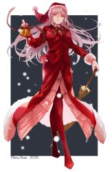 Rule 34 | 1girl, bell, bow, bowtie, coat, eyebrows hidden by hair, fate/grand order, fate (series), florence nightingale (fate), florence nightingale (santa) (fate), hat, highres, holding, holding bell, holding umbrella, long hair, looking at viewer, merry christmas, morita yuu, open mouth, pink hair, red coat, red eyes, red thighhighs, ribbon, santa costume, santa hat, snowing, solo, thighhighs, umbrella