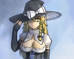 1girl adjusting_clothes adjusting_headwear bags_under_eyes black_gloves black_hat black_skirt blonde_hair braid breasts cleavage cleavage_cutout closed_mouth clothing_cutout commentary_request cookie_(touhou) elbow_gloves expressionless frilled_hat frills gloves hair_between_eyes hat jigoku_no_soko_de_coffee_wo_nomu_neko kirisame_marisa large_breasts long_hair looking_at_viewer mars_(cookie) puffy_short_sleeves puffy_sleeves rain shirt short_sleeves side_braid single_braid skirt solo touhou upper_body white_shirt witch_hat yellow_eyes