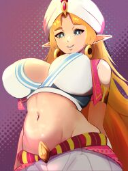 1girl arms_behind_back bad_tag belly_dancer big_breasts blonde_hair breasts cleavage curvy elf female female_focus highres large_breasts legs long_hair looking_at_viewer midriff navel nintendo pants parted_lips pointy_ears princess princess_zelda seductive_gaze seductive_smile smile solo the_legend_of_zelda thighs toned zelda_(a_link_between_worlds)