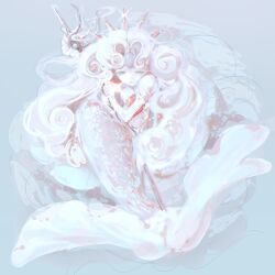 1girl absurdres black_pearl_cookie cloud_hair colored_skin cookie cookie_run cookie_run:_kingdom expressionless food gushabugu highres long_hair looking_at_viewer mermaid monster_girl puffy_short_sleeves puffy_sleeves short_sleeves solo very_long_hair white_hair white_pearl_cookie white_skin