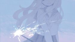 1girl closed_eyes commentary_request commission cropped_shirt facing_viewer fireworks grin happy head_out_of_frame highres holding holding_fireworks iro. long_hair neckerchief original outstretched_arm sailor_collar school_uniform serafuku skirt smile sparkler straight-on straight_hair upper_body