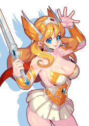 1girl absurdres blonde_hair blue_eyes breasts cape fantasy female_focus fengmo headgear highres large_breasts long_hair looking_at_viewer masters_of_the_universe she-ra simple_background skirt smile solo sword weapon white_background