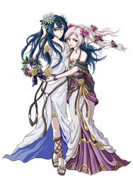 2girls adjusting_hair armlet armpit_crease armpits artist_request bare_arms bare_shoulders blue_eyes blue_hair bracelet breasts brown_eyes cleavage collarbone dress eyelashes feet female_focus female_robin_(fire_emblem) female_robin_(valentine)_(fire_emblem) fingerless_gloves fingernails fire_emblem fire_emblem_awakening fire_emblem_heroes flat_chest floating_hair flower flower_bracelet flower_knot friends full_body gladiator_sandals gloves hair_between_eyes hair_flaps hair_flower hair_ornament halterneck hand_on_another&#039;s_back hand_up happy intelligent_systems jewelry knees legs long_dress long_hair looking_at_viewer lots_of_jewelry lucina_(fire_emblem) lucina_(valentine)_(fire_emblem) matching_hair/eyes medium_breasts mermaid_dress mother_and_daughter multiple_girls neck nintendo no_bra official_alternate_costume one_eye_closed open_mouth rope_belt sandals side_slit sidelocks simple_background sleeveless sleeveless_dress smile spaghetti_strap standing sundress swept_bangs thighlet thighs toenails toes twintails white_background white_dress white_hair wind wind_lift wink