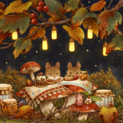 2others animal animal_focus berry branch bush cake commentary_request cup foliage food fruit furry glowing grass hanging_lantern jar lantern leaf mogoshin mouse_(animal) multiple_others mushroom night night_sky no_humans original outdoors pie plant plate scenery sitting sky star_(sky) stick table teapot