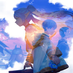 1girl 3boys bag beard black_hair blue_flower blue_hair blue_sky brown_hair capelet cloak closed_eyes double_exposure dwarf earrings eisen_(sousou_no_frieren) elf facial_hair fake_horns flower frieren glasses green_eyes grey_cloak hair_slicked_back heiter helmet highres himmel_(sousou_no_frieren) holding holding_bag holding_suitcase horned_helmet horns jewelry long_beard multiple_boys nemophila_(flower) pointy_ears profile sky smile sousou_no_frieren suitcase sunset teardrop_earrings tim_yan twintails white_capelet white_cloak