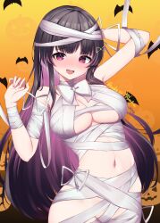 1girl absurdres arm_behind_head bat_(animal) black_hair blush bow breasts cleavage colored_inner_hair gradient_background hair_ornament highres himemiya_rie jack-o&#039;-lantern linea_alba long_hair mole mole_under_eye multicolored_hair mummy_costume nai_(cnoadi8) navel open_mouth orange_background phase_connect pink_hair purple_eyes second-party_source smile solo streaked_hair twitter_username virtual_youtuber white_bow