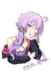 Rule 34 | 1girl, ahoge, amely elden, black jacket, breasts, cleavage, closed mouth, cropped torso, dated, dress, hair tubes, head rest, highres, jacket, long hair, long sleeves, looking at viewer, off shoulder, one eye closed, purple dress, purple eyes, purple hair, sidelocks, signature, simple background, single bare shoulder, sleeveless, sleeveless dress, small breasts, solo, tongue, tongue out, upper body, vocaloid, white background, yuzuki yukari