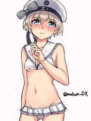 Rule 34 | 1girl, bikini, bikini skirt, blue eyes, breasts, clothes writing, collarbone, grey hair, hat, highres, kantai collection, lowleg, lowleg bikini, maakun (makun dx), microskirt, one-hour drawing challenge, sailor bikini, sailor collar, sailor hat, short hair, simple background, skirt, small breasts, solo, swimsuit, twitter username, white background, white bikini, white hat, white sailor collar, z1 leberecht maass (kancolle), z1 leberecht maass (swimsuit) (kancolle)