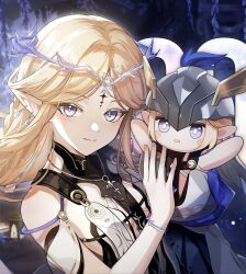 1girl absurdres armor blonde_hair blue_eyes bracelet character_doll character_request crown doll earrings hand_puppet helmet highres jewelry pointy_ears puppet smile solo syka_ww upper_body wuthering_waves