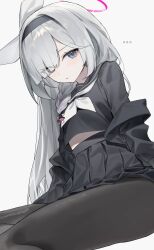 Rule 34 | ..., 1girl, absurdres, arms at sides, black coat, black hairband, black pantyhose, black sailor collar, black serafuku, blue archive, bow, bow hairband, braid, closed mouth, coat, cowboy shot, front braid, grey eyes, hair over one eye, hairband, halo, highres, huu (dighapdlxm12), light blush, long hair, long sleeves, looking at viewer, midriff peek, neckerchief, off shoulder, pantyhose, parted bangs, pink halo, pink pupils, plana (blue archive), pleated skirt, sailor collar, school uniform, serafuku, short braid, simple background, single braid, sitting, skirt, solo, straight hair, white background, white bow, white hair, white neckerchief, yokozuwari