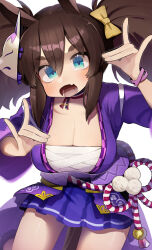 Rule 34 | 1girl, absurdres, animal ears, bow, breasts, brown hair, chest sarashi, cleavage, commentary request, cowboy shot, double fox shadow puppet, fang, fox mask, fox shadow puppet, green eyes, hair bow, hand up, highres, horse ears, horse girl, inari one (umamusume), japanese clothes, jewelry, kimono, light blush, looking at viewer, mask, medium breasts, necklace, open mouth, purple kimono, sarashi, scrunchie, short hair, simple background, smile, solo, tamukoro, thick eyebrows, twintails, umamusume, white background, wrist scrunchie