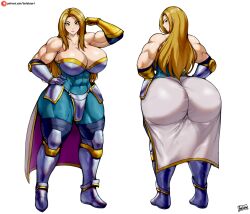 1girl 2022 abs armor artist_name ass asymmetrical_gloves bare_shoulders batako_(batakoart) blonde_hair blue_bodysuit bodysuit breasts cape collarbone commentary commission diana_(symphony_of_war) english_commentary female_focus flexing full_body gauntlets gloves greaves green_eyes hands_on_own_hips huge_ass large_breasts legs_apart light_smile lips long_hair looking_at_viewer looking_back multiple_views muscular muscular_female navel simple_background smile standing straight_hair symphony_of_war taut_clothes thick_thighs thighs turnaround waist_cape white_background white_cape wide_hips
