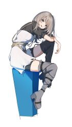 Rule 34 | 1girl, absurdres, black boots, black shirt, black shorts, boots, commentary, full body, girls band cry, grey boots, grey eyes, grey hair, highres, kawaragi momoka, kuji (orca9ji), long hair, looking at viewer, mismatched thighhighs, multicolored hair, open mouth, roots (hair), shirt, short sleeves, shorts, simple background, sitting, solo, thigh boots, thighhighs, white background