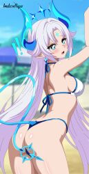 Rule 34 | 1girl, absurdres, arm up, bikini, blue eyes, blue horns, blue tail, blue wings, blurry, blurry background, blush, breasts, commentary, crown, demon girl, demon horns, demon tail, elsword, english commentary, highres, horns, indexxryo, large breasts, long hair, looking at viewer, luciela r. sourcream, open mouth, outdoors, pointy ears, solo, star-shaped pupils, star (symbol), swimsuit, symbol-shaped pupils, tail, thong bikini, twintails, very long hair, white bikini, white hair, wings