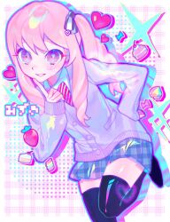 1other akiyama_mizuki black_bow black_thighhighs blue_outline blue_skirt blush bow bowtie bright_pupils buttons cake cake_slice cardigan cherry collared_shirt cowboy_shot diagonal-striped_bow diagonal-striped_bowtie diagonal-striped_clothes drill_hair eyebrows_hidden_by_hair finger_to_own_chin fingernails food fruit grin hair_between_eyes hair_bow halftone halftone_background hand_on_own_hip hand_up hashtag-only_commentary heart highres index_finger_raised iro_(mywife_sunny) kamiyama_high_school_uniform_(project_sekai) leaning_forward long_hair long_sleeves macaron miniskirt no_shoes other_focus outline pink_background pink_eyes pink_hair pink_outline plaid_background plaid_clothes plaid_skirt pleated_skirt project_sekai puffy_long_sleeves puffy_sleeves purple_cardigan red_bow red_bowtie school_uniform shirt sidelocks skirt sleeves_past_wrists smile solo sparkle standing standing_on_one_leg strawberry striped_clothes swept_bangs thighhighs two-tone_bow two-tone_bowtie white_bow white_bowtie white_pupils white_shirt zettai_ryouiki
