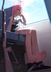 absurdres ahoge aqua_necktie bare_legs barefoot black_skirt blue_archive blue_eyes blue_sky chest_harness cloud collared_shirt commentary day fang feet foot_focus foreshortening gun halo harness heterochromia highres hoshino_(blue_archive) hoshino_ruri id_card indoors legs long_hair long_legs long_sleeves looking_outside loose_necktie necktie open_mouth orange_eyes pink_hair plaid_clothes plaid_skirt pleated_skirt riot_shield shield shirt shoes shotgun skirt sky soles sunlight sweat toes unworn_shoes very_long_hair weapon white_shirt whonyang window