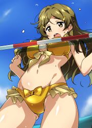 Rule 34 | 1girl, absurdres, bikini, blonde hair, blush, breasts, brown eyes, cleavage, frilled bikini, frills, hair ornament, hairclip, highres, large breasts, long hair, navel, open mouth, pole, shinomiya himawari, solo, swimsuit, tokiani, vividred operation, yellow bikini