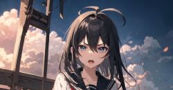 1girl angry antenna_hair artist_request black_hair blue_eyes evertale game guillotine hair_between_eyes looking_at_viewer medium_hair open_mouth outdoors saya_(evertale) school_uniform serafuku sweat tongue
