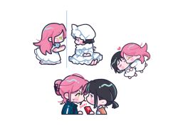 2girls alien_stage aqua_jacket black_hair bonnet brown_sweater_vest chibi chibi_only claw_hair_clip commentary dress food food_in_mouth frilled_bonnet frills green_eyes hair_ornament hairclip heart holding holding_food holding_pocky jacket kiss kissing_cheek long_hair mizi_(alien_stage) multiple_girls nunamna pink_hair pocky pocky_in_mouth ponytail purple_eyes short_hair short_ponytail sua_(alien_stage) sweater_vest symbol-only_commentary white_bonnet white_dress yuri