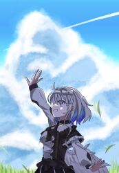 black_dress blue_flower colored_inner_hair dress feathers flower grey_hair grey_wings hairband highres leggings lotus low_wings multicolored_hair re:act usuwa_suu virtual_youtuber white_feathers white_hairband white_leggings white_wings wings