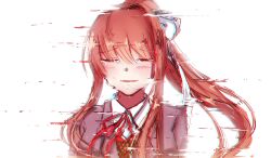 2girls blush brown_hair brown_vest closed_eyes commentary crying doki_doki_literature_club doki_doki_literature_club_school_uniform english_commentary glitch grey_jacket hair_ribbon jacket komitaki long_hair monika_(doki_doki_literature_club) multiple_girls neck_ribbon open_mouth ponytail red_ribbon ribbon school_uniform shirt smile solo tears vest white_background white_ribbon white_shirt