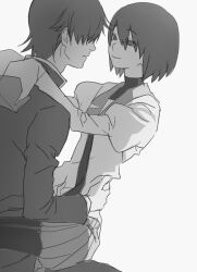 1boy 1girl araragi_koyomi closed_mouth gakuran greyscale hand_on_another&#039;s_waist hands_on_another&#039;s_shoulders hetero highres iniooooo jacket juliet_sleeves long_sleeves looking_at_another miniskirt monochrome monogatari_(series) naoetsu_high_school_uniform oshino_ougi pantyhose pleated_skirt puffy_sleeves school_uniform short_hair simple_background sitting sitting_on_lap sitting_on_person skirt sleeves_past_fingers sleeves_past_wrists smile white_background