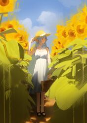 1girl absurdres adjusting_clothes adjusting_headwear arm_at_side bad_feet bad_link black_shoes blurry blurry_foreground briefcase brush_stroke chiaroscuro cloud dappled_sunlight day dress earrings elf faux_traditional_media field flower flower_field frieren green_eyes hand_up hat highres holding holding_briefcase jewelry long_hair painterly pointy_ears shoes sky sleeveless solo sousou_no_frieren straw_hat sundress sunflower sunlight very_long_hair white_dress white_hair