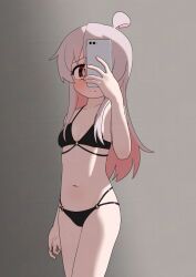 Rule 34 | 1girl, ahoge, arm at side, bare arms, bare legs, bare shoulders, bikini, bikini day, black bikini, blush, breasts, brown eyes, collarbone, colored inner hair, commentary, cowboy shot, grey background, grey hair, happyundergate, highres, holding, holding phone, light smile, long hair, looking at viewer, multicolored hair, navel, o-ring, o-ring bikini, onii-chan wa oshimai!, oyama mahiro, phone, pink hair, selfie, sidelocks, simple background, small breasts, solo, stomach, swimsuit, two-tone hair