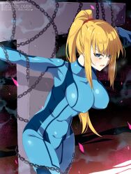 Rule 34 | 1girl, alternate breast size, artist name, blonde hair, blue bodysuit, blue eyes, blush, bodysuit, bound, breasts, breath, chain, chained, covered erect nipples, covered navel, cross, crucifixion, highres, impossible bodysuit, impossible clothes, large breasts, leaning forward, long hair, looking at viewer, metroid, nintendo, open mouth, ponytail, restrained, samus aran, sebunsu, sidelocks, skin tight, solo, sweat, zero suit