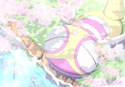 alternate_color commentary_request day dunsparce flower gen_2_pokemon grass nintendo no_humans oooise outdoors pink_flower pokemon pokemon_(creature) pokemon_focus river shiny_pokemon solo water
