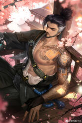 1boy against_railing architecture armor bare_pectorals beard black_eyes black_gloves black_hair black_pants building cherry_blossoms chinese_commentary closed_mouth cowboy_shot dragon_tattoo east_asian_architecture facial_hair falling_petals full_beard gloves hadanugi_dousa hanzo_(overwatch) high_ponytail highres lantern long_hair looking_down male_focus muscular muscular_male open_kimono outdoors overwatch pants partially_fingerless_gloves pectorals petals pink_petals ponytail railing shoulder_armor sitting solo tattoo thick_eyebrows watermark weibo_watermark white_streaks ye_dian_pikaqiu