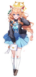 1girl absurdres alternate_costume animal_ear_fluff animal_ears bag black_jacket blue_archive blue_eyes blue_neckerchief blue_sailor_collar blue_skirt blush braid brown_shoes cat_ears cat_girl earrings extra_ears frilled_skirt frills full_body hair_intakes halo handbag highres holding holding_bag jacket jewelry kneehighs loafers long_hair long_sleeves looking_at_viewer low_twin_braids mari_(blue_archive) neckerchief open_mouth orange_hair sailor_collar sak_(lemondisk) school_uniform shoes simple_background skirt smile socks solo standing thighs twin_braids white_background white_bag white_socks yellow_halo