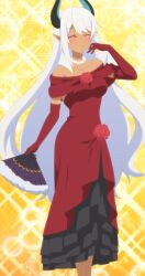 Rule 34 | 1girl, absurdres, anime screenshot, beelzebub (slime taoshite 300 nen), dark skin, demon girl, demon horns, dress, elbow gloves, flower, gloves, hand fan, highres, holding, holding fan, horns, jewelry, long hair, necklace, pearl necklace, pointy ears, red dress, red eyes, red gloves, rose, slime taoshite 300 nen shiranai uchi ni level max ni nattemashita, white hair