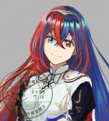 Rule 34 | 1girl, blue eyes, blue hair, braid, crossed bangs, crown braid, female alear (fire emblem), fire emblem, fire emblem engage, hair between eyes, heterochromia, long hair, multicolored hair, nintendo, red eyes, red hair, shimari nk, smile, solo, split-color hair, tiara, two-tone hair