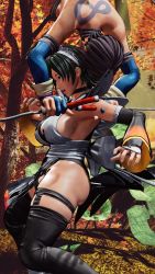 2girls 3d ass ass_focus black_hair black_leotard breasts curvy fighting full_body grabbing_from_behind highleg highleg_leotard highres holding holding_weapon huge_ass indoors iroha_(samurai_spirits) jumping large_breasts leotard maid maid_headdress multiple_girls ryona samurai_spirits screencap shiki_(samurai_spirits) shiny_skin short_hair sideboob skindentation surprised thick_eyebrows thighhighs thighs third-party_edit thong_leotard weapon wide_hips