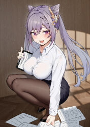 Rule 34 | 1girl, black pantyhose, black skirt, blush, breasts, clipboard, cone hair bun, diamond-shaped pupils, diamond (shape), double bun, genshin impact, hair bun, hair ears, hair ornament, high heels, highres, kakabos, keqing (genshin impact), long hair, looking at viewer, medium breasts, office lady, pantyhose, paper, purple eyes, purple hair, shirt, skirt, solo, symbol-shaped pupils, twintails, white shirt
