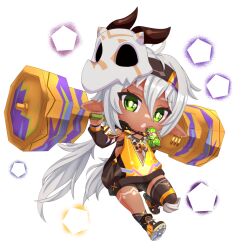 Rule 34 | 1girl, animal skull, barbell, bike shorts, body markings, can, chibi, chibi only, dark-skinned female, dark skin, drink can, earrings, exercising, facial mark, full body, genshin impact, green eyes, grey hair, hair between eyes, headband, holding, holding can, iansan (genshin impact), jacket, jewelry, long hair, long sleeves, looking at viewer, ninoji, open mouth, pendant, pointy ears, shoes, single thighhigh, skull on head, solo, thighhighs, twintails, very long hair, weightlifting