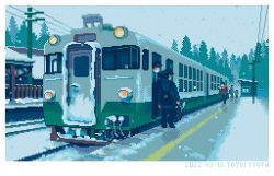2boys 3others ambiguous_gender animated animated_gif artist_name backpack bag dated hat mask mouth_mask multiple_boys multiple_others original pixel_art power_lines railroad_tracks snow snowing toyoi_yuuta train