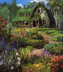 1980s_(style) birch_tree building flower garden house majo_no_takkyuubin moss nature no_humans official_art oldschool overgrown retro_artstyle scenery sky studio_ghibli traditional_media tree