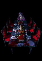 Rule 34 | 1boy, absurdres, black cloak, blood, blueberry, candelabra, candle, candlestand, chair, cloak, collared cloak, commentary request, cup, dining room, dinner, drinking glass, easel (dam0628), edmond dantes (fate), edmond dantes (monte cristo uniform) (fate), elbow rest, elbows on table, fate/grand order, fate (series), fish (food), food, fork, fruit, garnish, gloves, hair over shoulder, hand on own cheek, hand on own face, highres, knife, korean commentary, lime (fruit), lime slice, long hair, long sleeves, low ponytail, male focus, neckerchief, no eyes, open mouth, plate, ponytail, sitting, smile, solo, tray, vase, white gloves, white hair, white neckerchief, wine glass