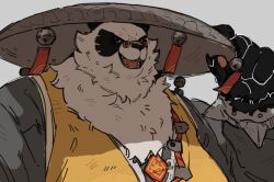 1boy animal_ears bell black_fur bracelet chinese_clothes claws commentary english_commentary fat fat_man furry furry_male hand_on_headwear jewelry jingle_bell looking_at_viewer male_focus multicolored_fur open_mouth pan_yinhu panda_boy panda_ears round_eyewear shirt smile snowolf111 spiked_bracelet spikes upper_body white_background white_fur wok yellow_shirt zenless_zone_zero