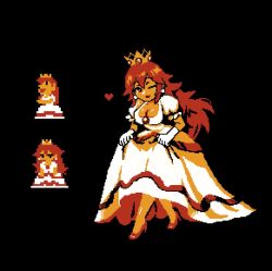 Rule 34 | 1girl, 2024, animated, black background, bouncing breasts, breasts, cleavage, clothes lift, commentary, crown, dress, dress lift, earrings, english commentary, female focus, full body, gloves, heart, high heels, highres, jewelry, lifting own clothes, long hair, looping animation, mario (series), nintendo, omelette chan, one eye closed, pixel art, princess peach, puffy sleeves, red lips, reference inset, short sleeves, simple background, solo, super mario bros. 1, video, white gloves, winking (animated)