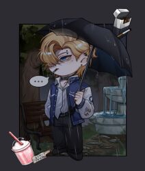 Rule 34 | ..., 1boy, black pants, blonde hair, blue eyes, blue jacket, cigarette, collared shirt, cup, degrees of lewdity, disposable cup, earrings, eyebrow piercing, fountain, hair over one eye, holding, holding umbrella, jacket, jewelry, letterman jacket, nyankoky kdiwiw, open clothes, open jacket, outdoors, pants, piercing, rain, shirt, speech bubble, umbrella, white shirt, white sleeves, whitney (degrees of lewdity), whitney (male) (degrees of lewdity)