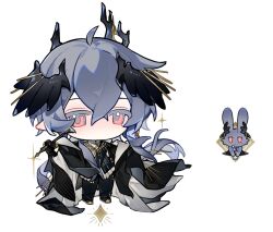 1boy arknights black_cape black_jacket black_pants blush cape chibi chinese_commentary choshanland_plushy_(arknights) commentary_request grey_hair head_wings holding holding_wand horns jacket logos_(arknights) long_hair looking_at_viewer male_focus maorongxingqiu mole mole_under_eye pants red_eyes simple_background solo sparkle wand white_background wings