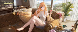 1girl ahoge alcohol artist_name barefoot blonde_hair blue_eyes bottle champagne_flute collarbone commentary_request couch crossed_legs cup dated day donut drinking_glass escoffier_(genshin_impact) food genshin_impact hair_between_eyes hand_in_own_hair hand_up heart heart_in_eye highres holding holding_cup indoors knife ladle long_hair parted_lips plant potted_plant rainbow single_bare_shoulder sitting solo spoon strap_slip symbol_in_eye toes very_long_hair watermark wboss web_address wine wine_bottle