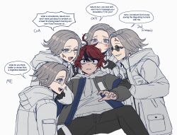 Rule 34 | 5boys, ahoge, anger vein, aotsuki eito, black gloves, black pants, black streaks, blue jacket, blue pupils, blush, closed eyes, commentary, drawstring, english commentary, english text, facing another, glasses, gloves, grey hair, grey jacket, hand on another&#039;s arm, hood, hoodie, jacket, jacket over hoodie, looking at another, male focus, multicolored hair, multicolored jacket, multiple boys, multiple persona, one eye closed, pants, pocket, purple eyes, red eyes, red hair, scared, short hair, simple background, smile, speech bubble, spoilers, streaked hair, sumino takumi, sunglasses, the hundred line -last defense academy-, tsu (lovesick1964), two-tone jacket, v, white hoodie, white jacket